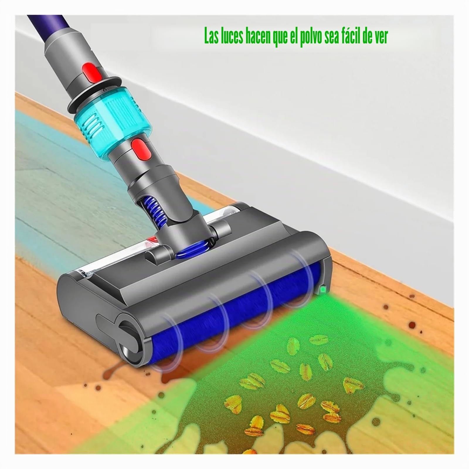 Cabezal De Fregona Eléctrica Húmedo Y Seco con Cepillo De Lavado, Compatible con Dyson, V7 V8 V10 V11 V15, Luz Verde, Limpia Y Seca Suelos Duros
