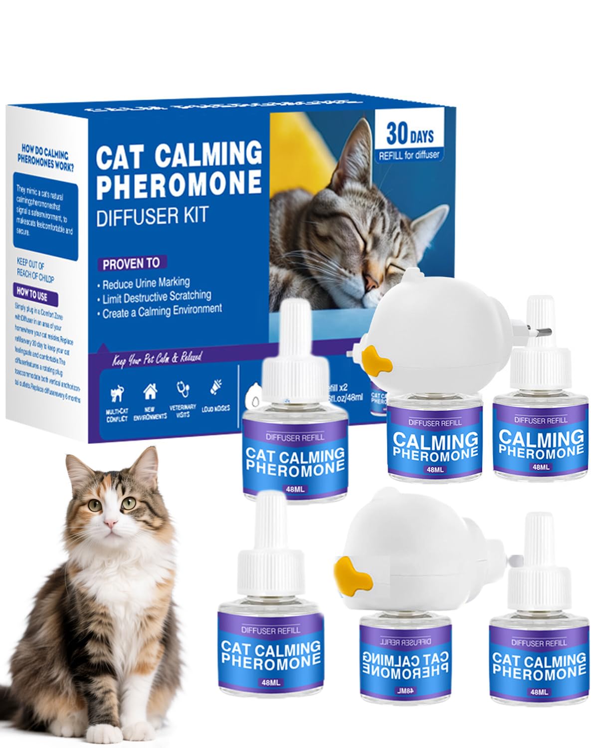 Petwellness Diffuseur Chat, Petwellness Diffuseur Chat Pour Arrêter De Faire Pipi Partout 6 En 1, Pet Wellness Diffuseur Pheromones Chat, Soulage Le Stress Anxieux,Réduit Les Bagarres (6 Bouteilles)