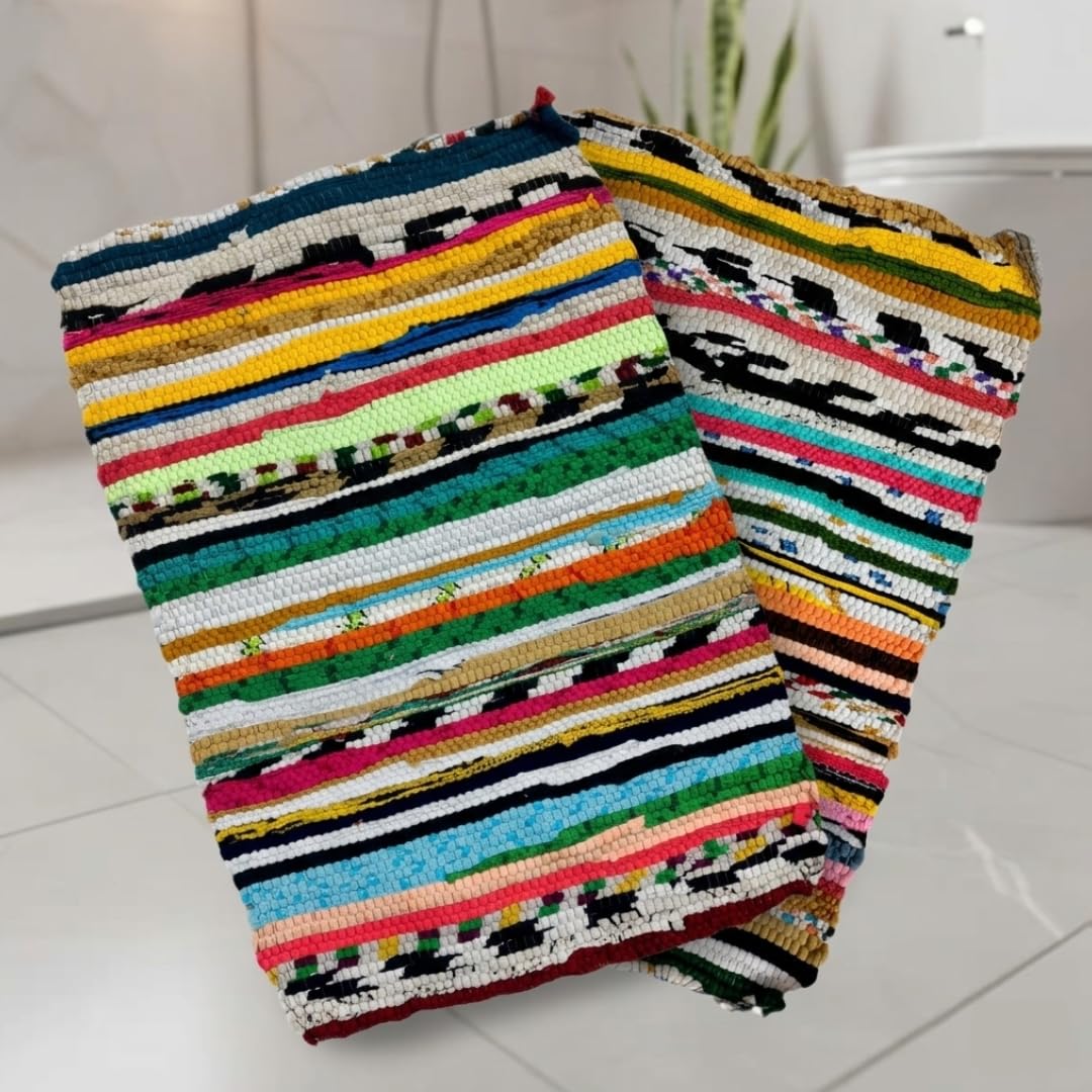 Kesar Store® Multicolor Acrylic-Chindi Doormats (17x26 Inches) - Pack of 2 - Hand-Woven Recycled Fabric Rugs - Absorbent & Reversible Striped Entrance Mats for Home, Kitchen & Bathroom-image-30