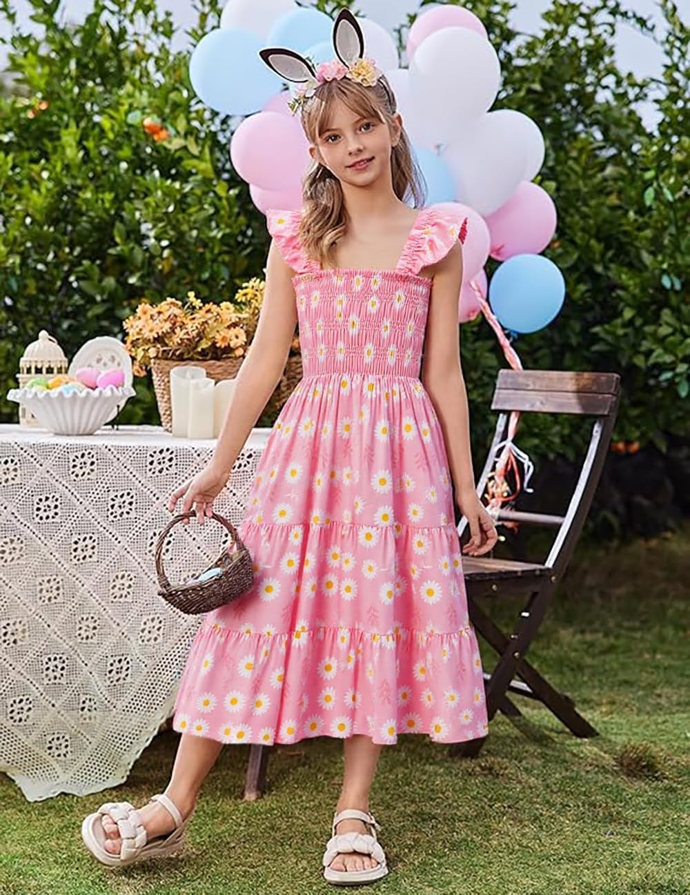 Little Girls Dresses Casual Summer Dress Ruffle Sleeve Floral Tiered Sundress Smocked Shirred Party Dress 3-10 Years - Image 3