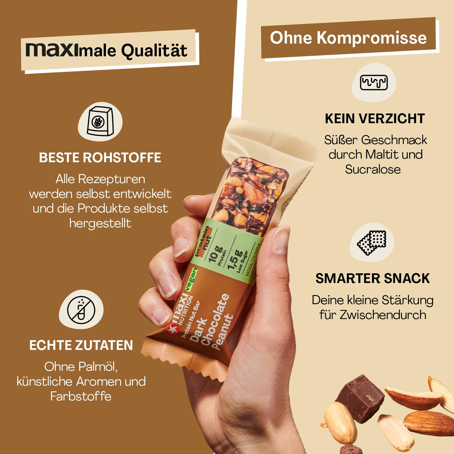 MaxiNutrition Dark Chocolate Peanut Nussriegel vegan 12x46g – Protein Riegel aus ganzen Nüssen mit 22% Protein, plant based, ohne Zuckerzusatz, ohne künstliche Aromen