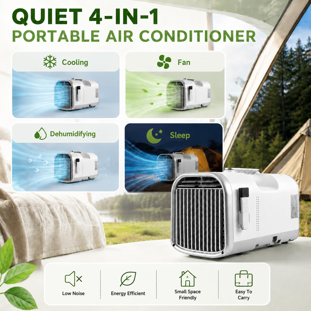 5100 Btu Climatizzatore Portatile Da Campeggio per Tenda E Camper | 4 In 1: Raffreddamento, Ventola, Deumidificazione E Modalità Sleep, 42 dB, Per Camper, Tende, Camion E Stanze Piccole