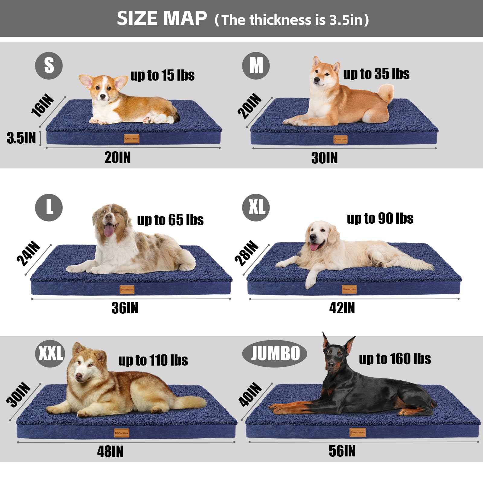 Patas Lague Cama ortopédica jumbo para perros extragrandes de 56 x 40 pulgadas, camas jumbo de espuma para perros con funda extraíble lavable, tapete impermeable para mascotas, azul marino