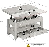 Vista 3 de Rolanstar Mesa de Centro con Tapa Elevable, Mesa de Centro Convertible Multifuncional con Cajones y Compartimento Oculto, se Convierte en Mesa