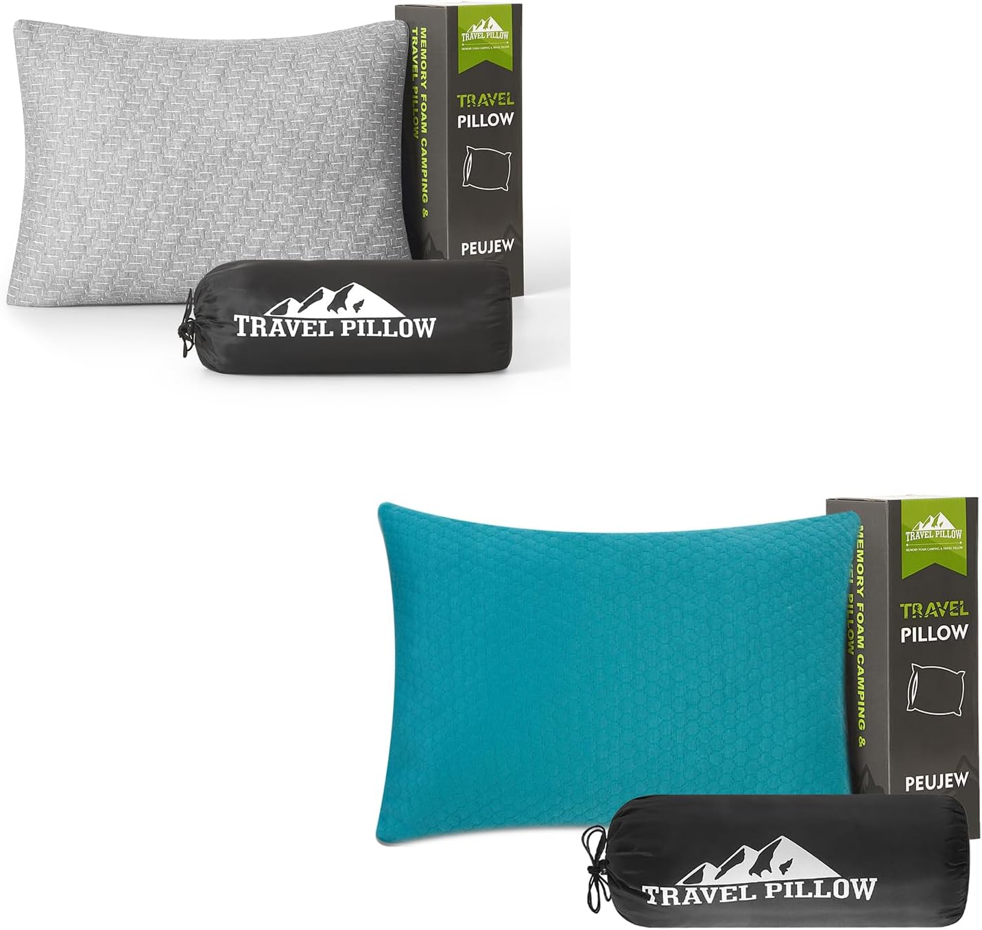 Travel Pillow Compressible Camping Memory Foam Pillow - Turquoise Blue M Size, Light Grey S Size, Ideal Backpacking, Airplane and Car