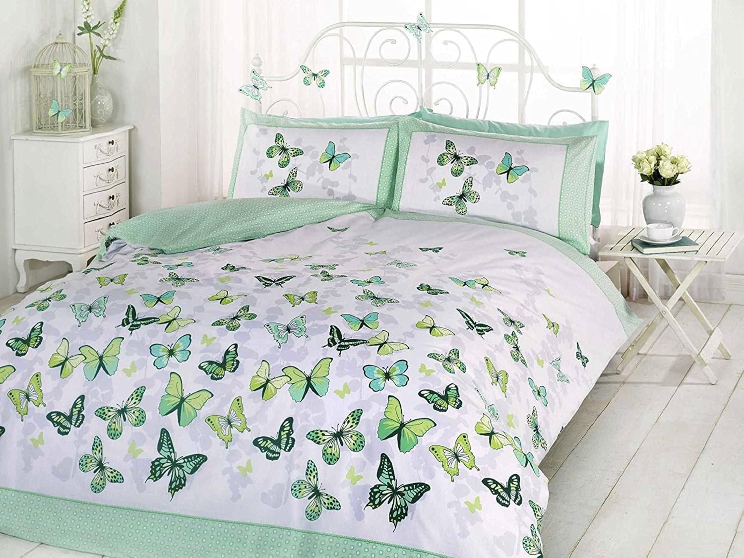 Rapport Home King Flutter Duvet Set - Green - Butterflies - 50% Cotton/50% Polyester