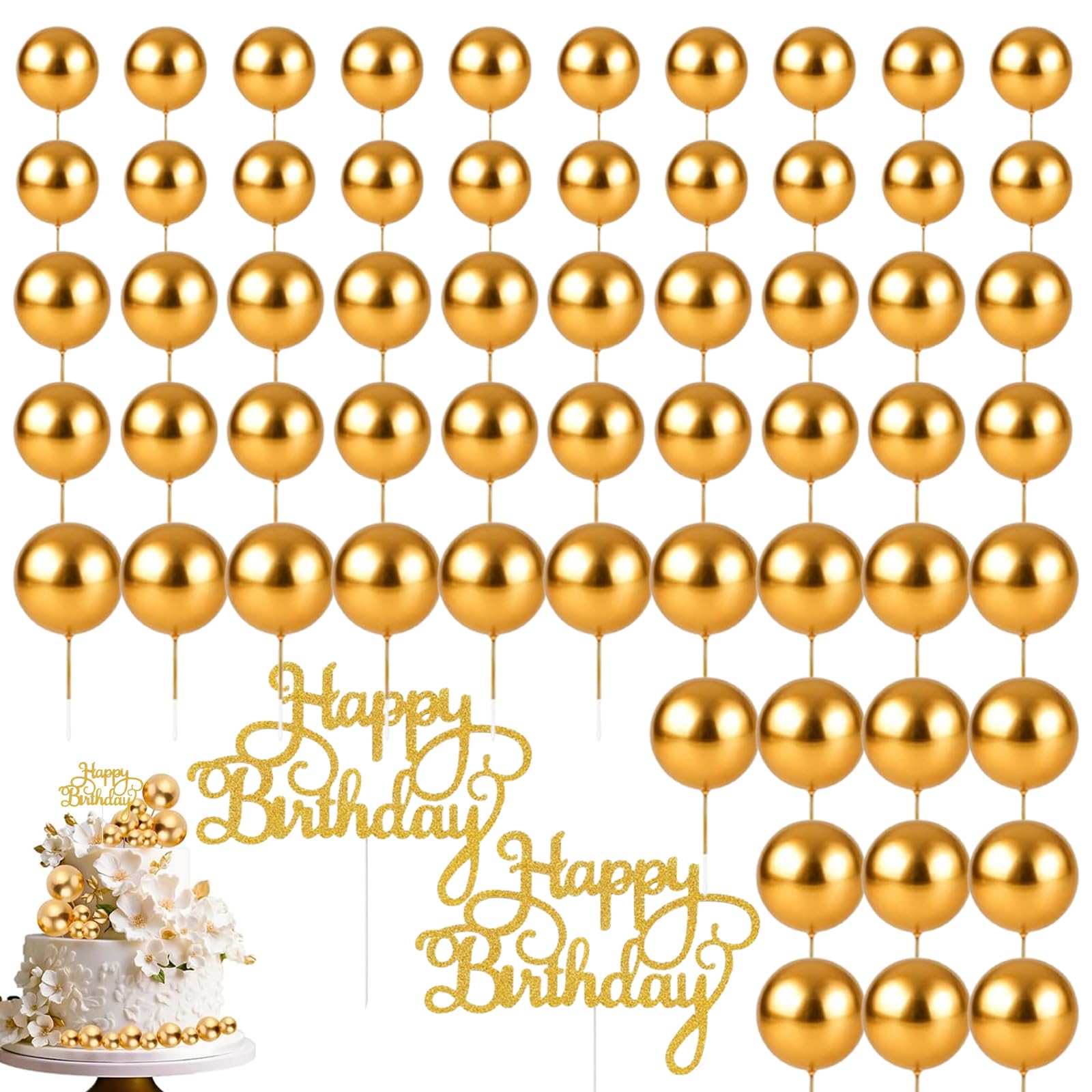 Set of 60 Golden Balls Plus Two Happy Birthday Cake Toppers，Gold Balls for Cake Decorating, Gold Cake Decorations with Glitter Finish, Ideal for Birthday Celebrations and Party Cakes