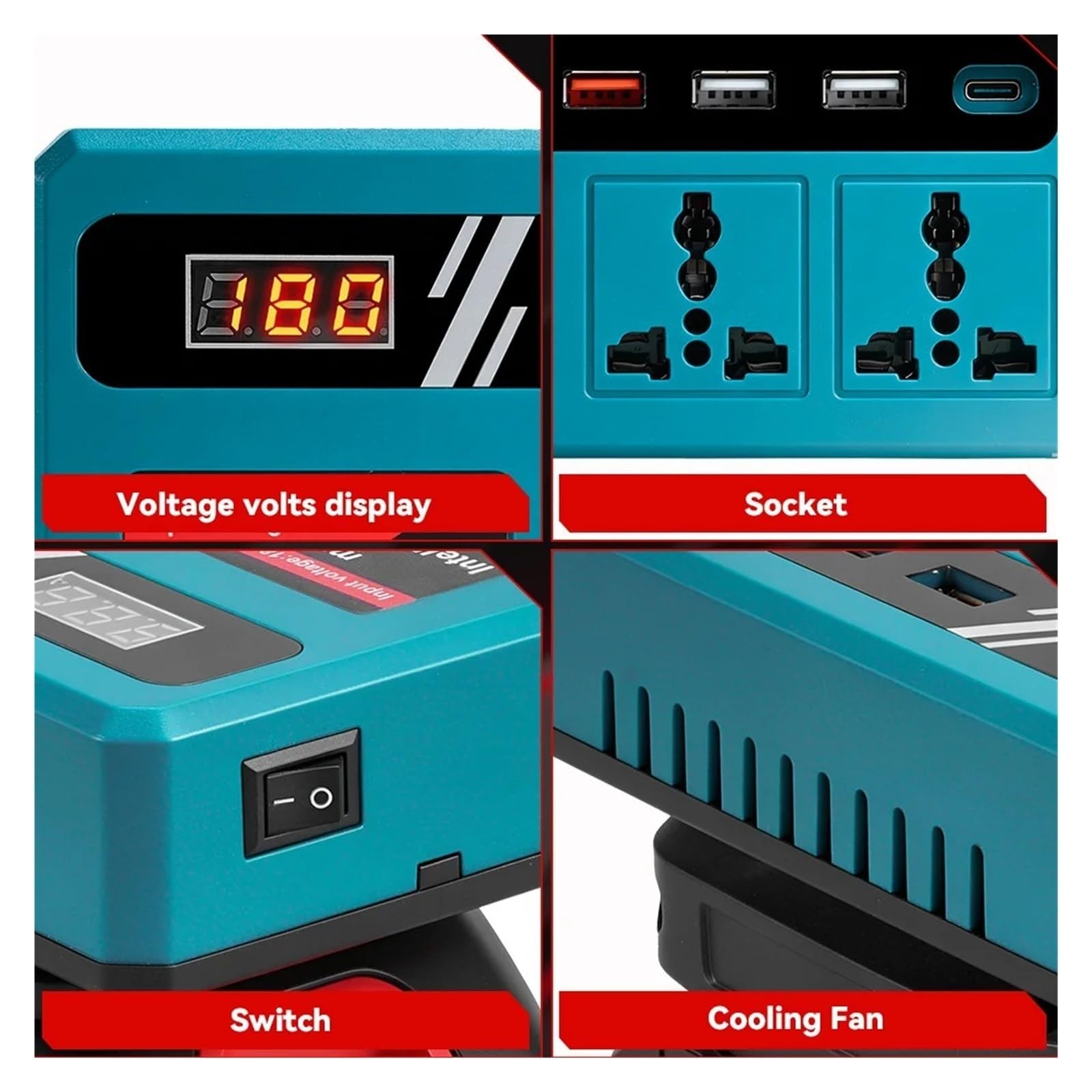 Convertidor Adaptador Inversor Corriente 300W DC 18V-21V A AC 220V Batería Litio Puerto Carga USB Dual para 18V Pin inversor