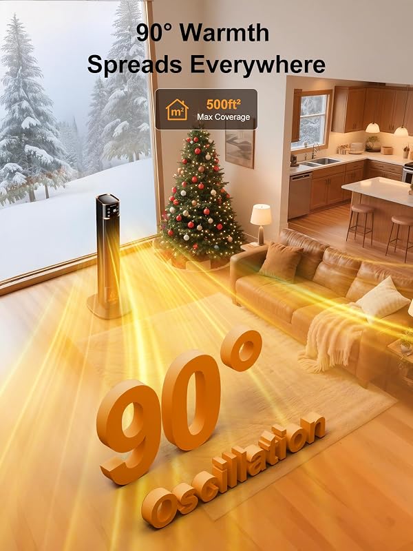 Uthfy Space Heater for indoor use, Large Room Heater with 3D Flame Effect, 1500W Portable Electric Heater with ECO, 90° Oscillating, Remote, PTC Ceramic Heaters for Bedroom, Office, Home by Uthfy - Image 5