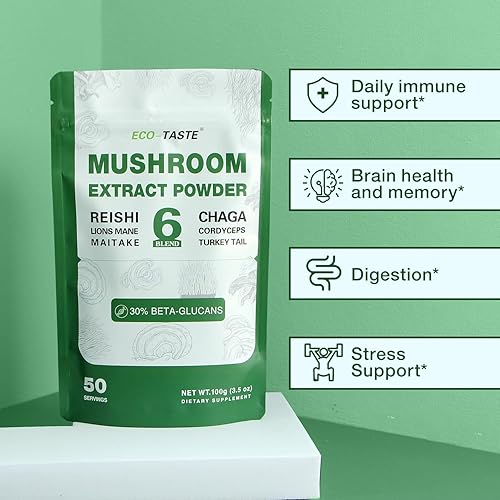Miniatura 2 de ECO-TASTE 6 mezclas de hongos en polvo con 30% beta-D-glucano, melena de león, reishi, cordyceps, chaga, cola de pavo, maitake, extracto corporal
