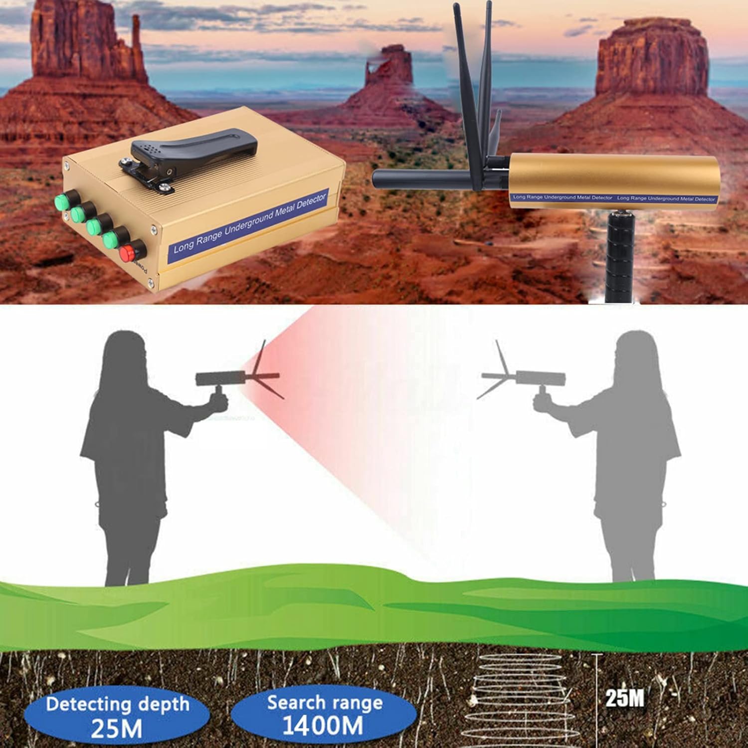 Metal Detector 1400 Meters, 12V 25M Inspection Depth Treasure Scanner Rechargeable Batteries Remote Search Location Detection Underground Metal Finder