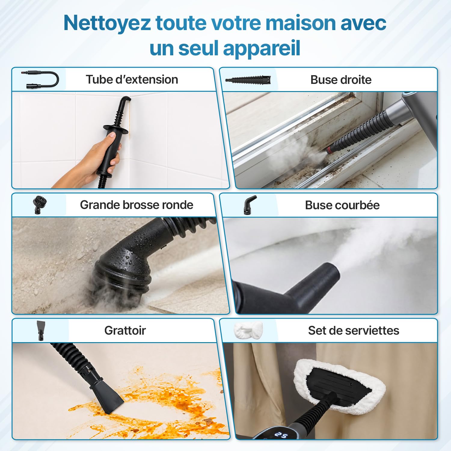 Olvy Nettoyeur Vapeur à Main 1200W Haute Pression Portable avec 3 Niveaux de Vapeur et Kit 10 Accessoires, Réservoir 400ml, pour Maison Carrelage Canapé Cuisine et Bain
