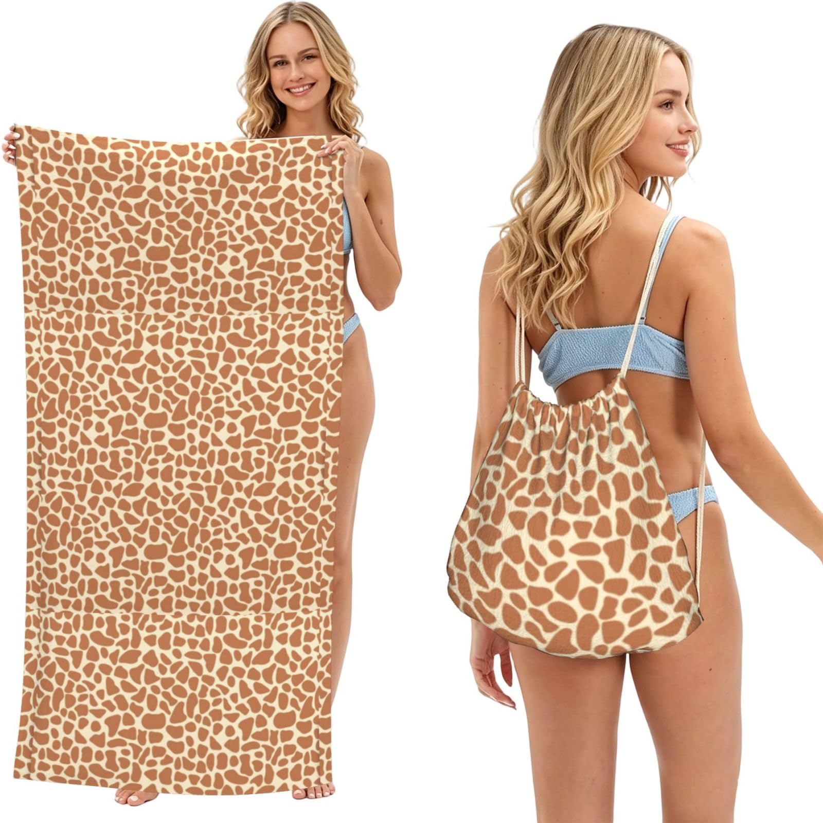 Poadnly As Picture Giraffe Animal, 2 In 1 Packable Towel Bag, Beach Towels With Drawstring Backpack For Travel Holiday Camping