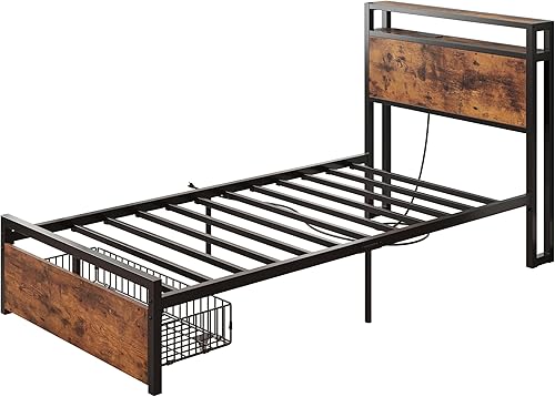 Miniatura 60 de LIKIMIO Base de cama individual con cajón, cabecera de almacenamiento con tomas, no necesita somier, fácil montaje, marrón oscuro Marrón oscuro,Gris