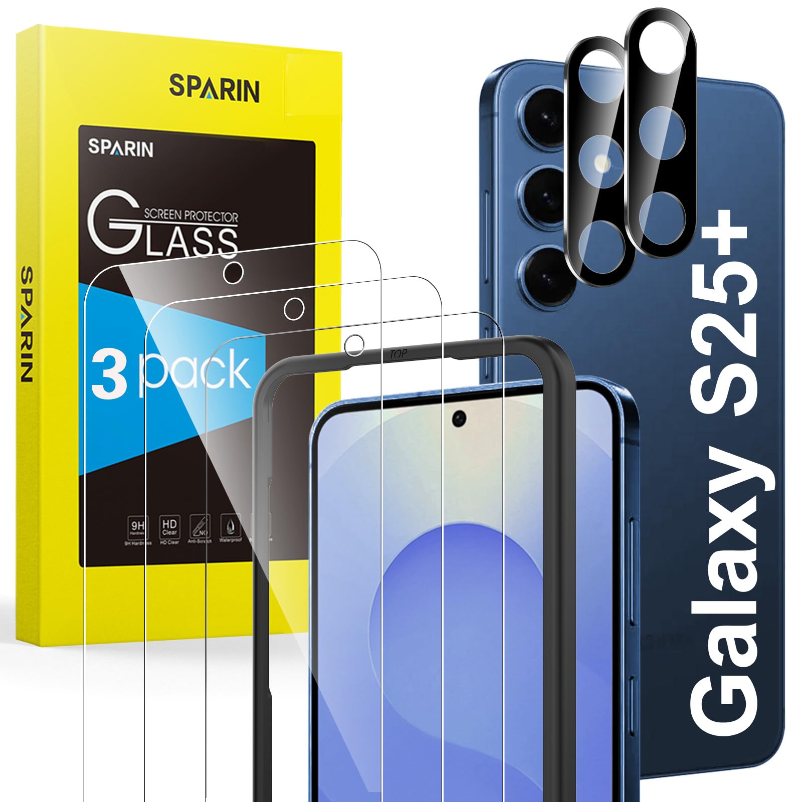 SPARIN für Samsung Galaxy S25 Plus/ S25+ Panzer Schutz Glas, 3 Stück Schutzfolie und 2 Stück Kameraschutz, mit Rahmen Installationshilfe, Anti- Kratzer, Bläschenfrei, 9H Härte, HD-Klar