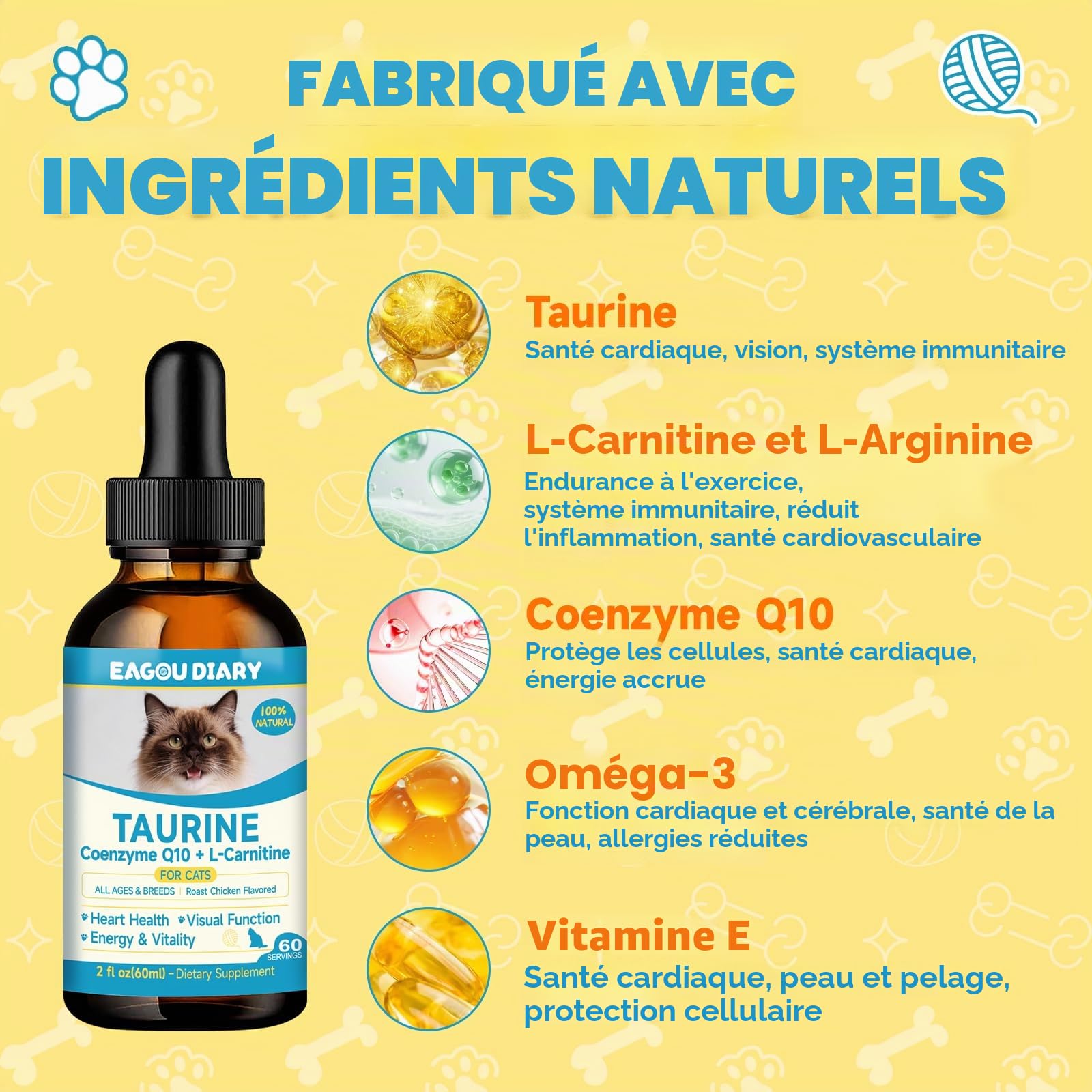 Taurine pour Chats Cardiaque Vision L'éNergie Vitalité Immunitaire 60ML | Coenzyme Q10, L-Carnitine, L-Arginine & Vitamines, Taurine Liquide Pour Chats, CompléMent Taurine Pour FéLins