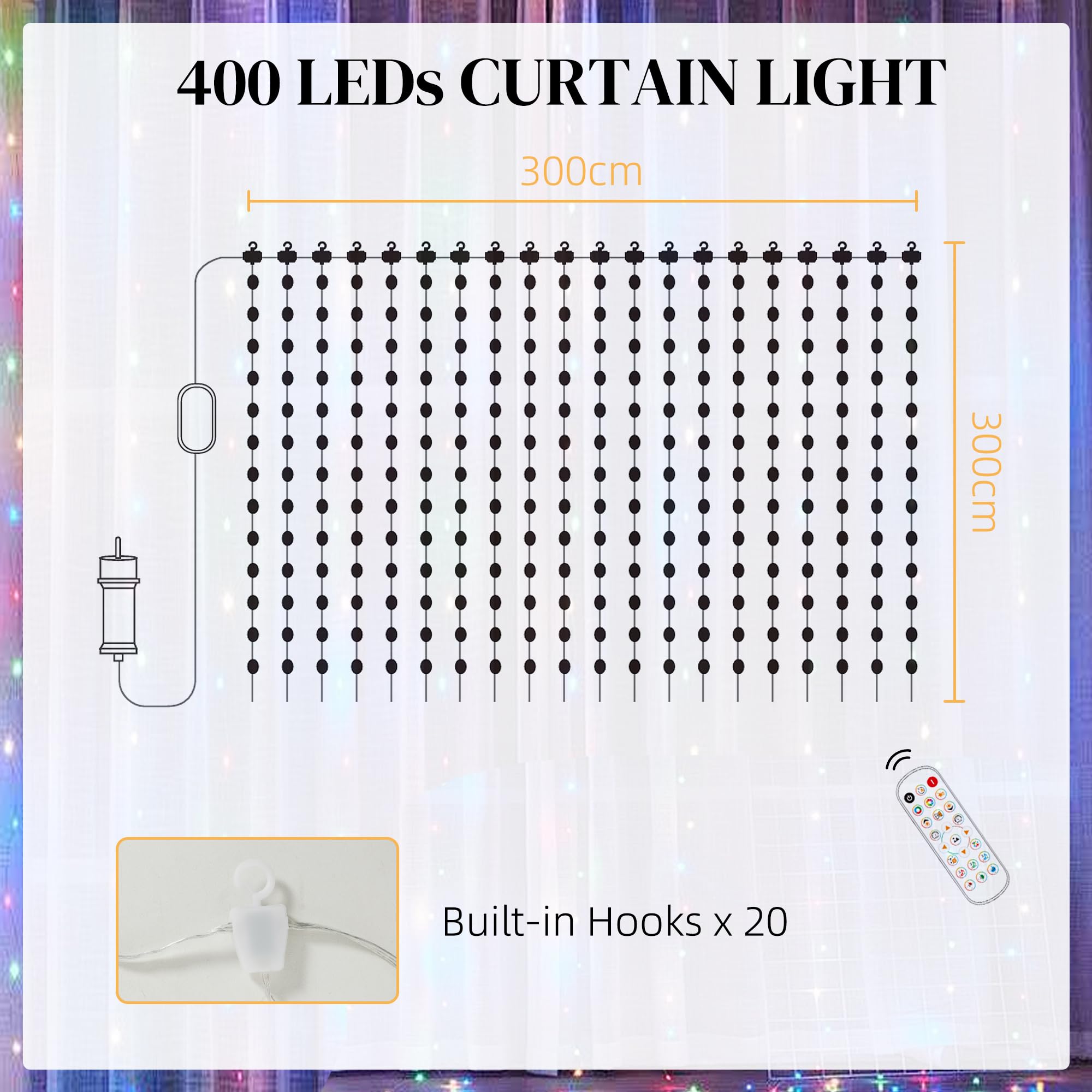 HOMCOM LED Curtain Fairy Lights with Remote, App Control - Image 3