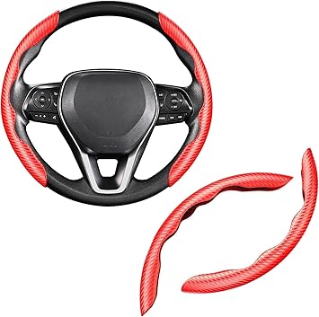AutoBizarre Car Anti Skid Non Slip Red Carbon Fiber Decoration Steering Wheel Grip Covers Universal for All Cars - Set of 2 pcs