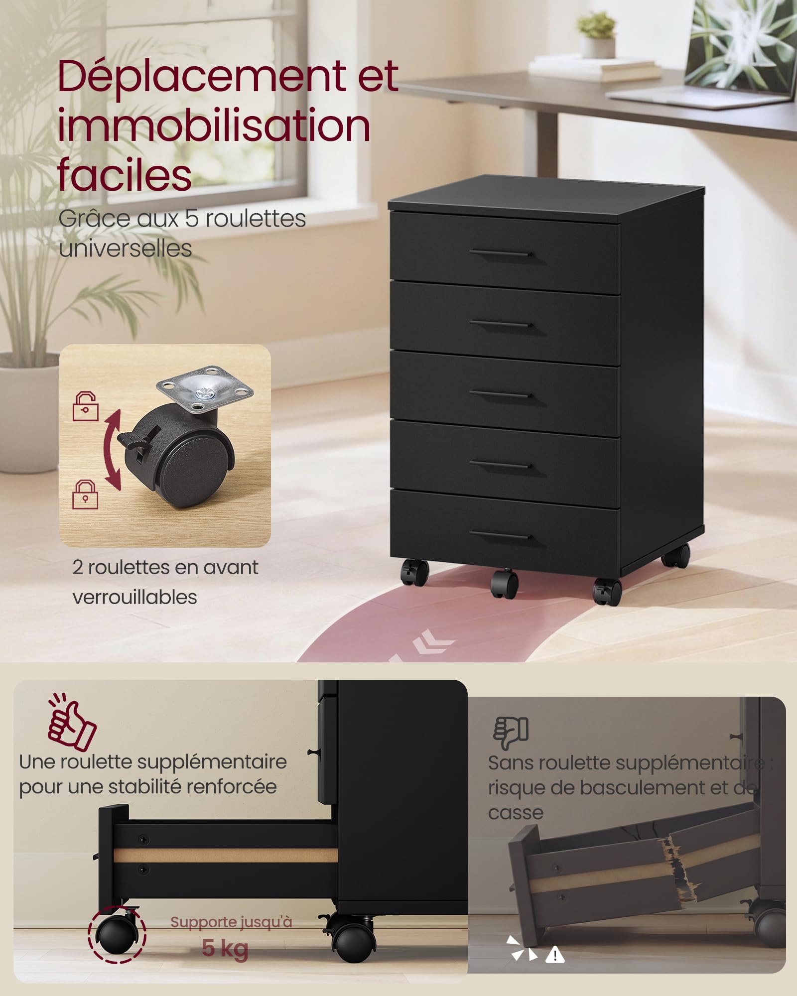 VASAGLE Caisson de Bureau à roulettes, Meuble de Rangement, Support pour Imprimante, avec 5 Tiroirs, Rails Coulissants, pour Bureau, Télétravail, Noir d'encre OFC081BC02