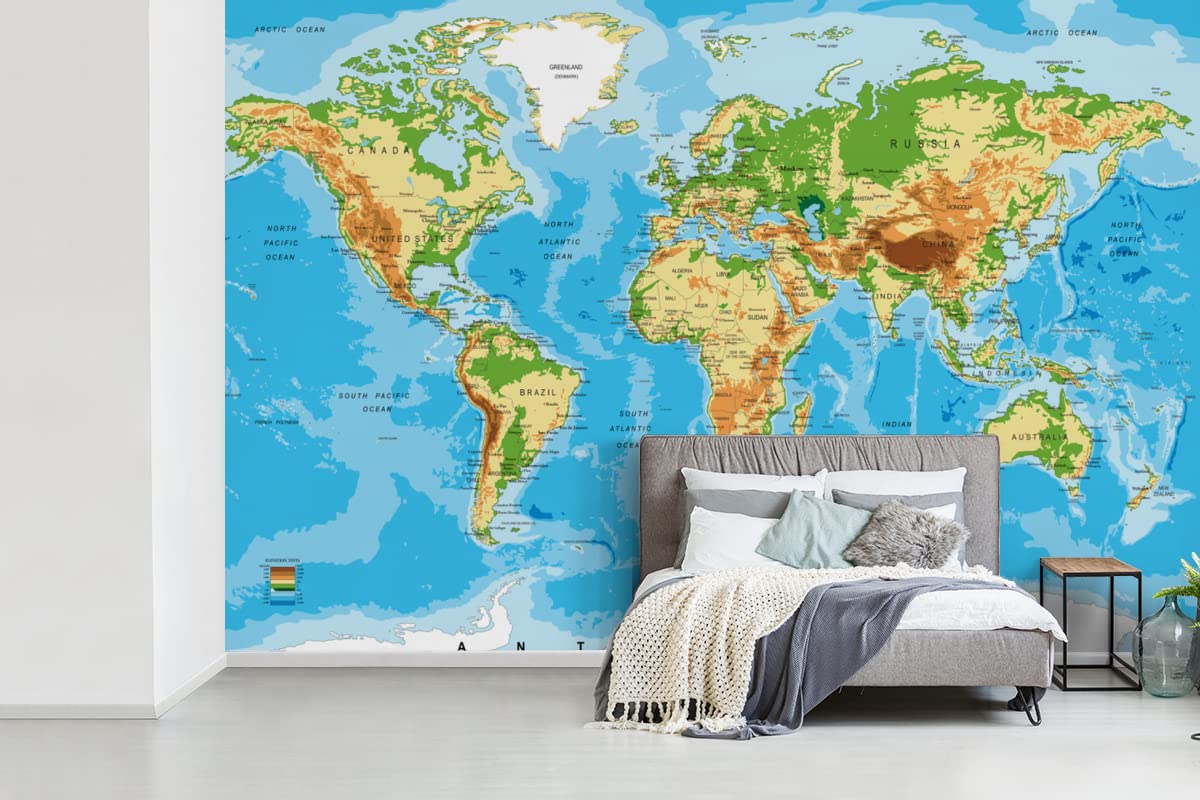 Selbstklebend Tapete Wandpapier Wandaufkleber Fototapete Tapeten Wanddeko 330x220 cm Weltkarte - Atlas - Farben - Kinder - Jungen - Mädchen