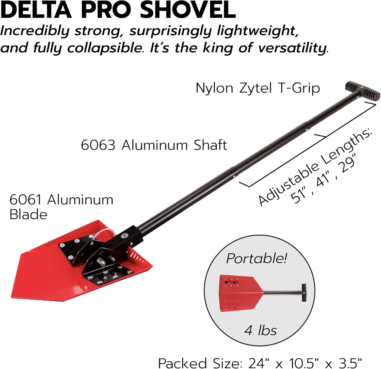 DMOS Delta Shovel - Collapsible Heavy-Duty Steel Folding Shovel for Camping, Overlanding, Survival, Military, Hunting, & Off-Road Use - Racing Red - Pro