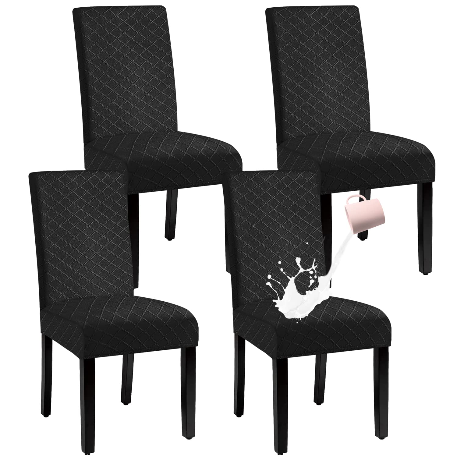 BOGUANG Waterproof Dining Chair Cover,Spandex Fabric Fit Stretch Chair Slipcover,Removable Washable Jacquard Parsons Chair Covers (Black,Set of 4)