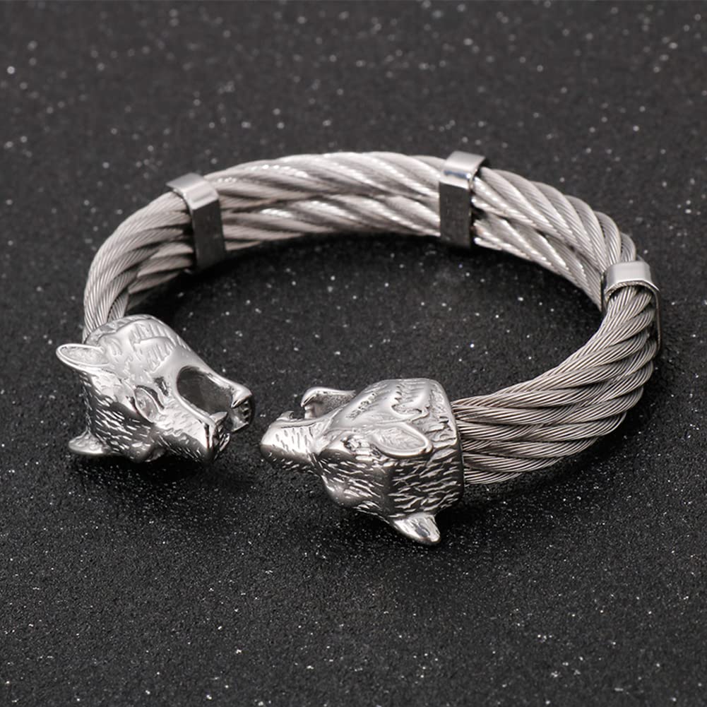 Brazalete de Plata esterlina, Pulsera Retro, Cabezal de Lobo para Hombres, Brazalete de Brazalete con Brazalete retorcido de Brazalete, Biker Punk de Acero Inoxidable de Biceps de muñeca bisa