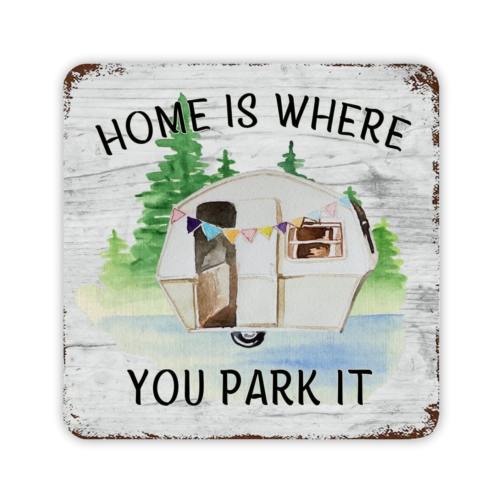 ENEDNATE Retro Camping Quotes Metal Sign Home is Where You Park It Vintage Metal Tin Sign for Home Garage Men Cave Yard Decor Camper Gifts 12x12 inch