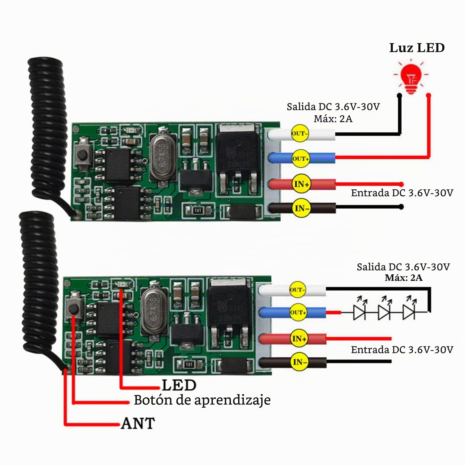 DieseRC 2 Módulos Receptores con 2 Transmisores Interruptor de Control Remoto Inalámbrico DC 3.6V 5V 12V 24V 30V 2A 1 Canal 433Mhz Mando a Distancia por Radio Controlador de Tamaño mini Pequeño