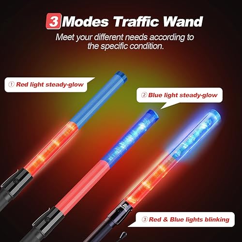 Miniatura 4 de RoadHero Varita de control de tráfico, 21 pulgadas, rojo y azul, 3 modos intermitentes, varita de señal de marshaling de aire con clip lateral para