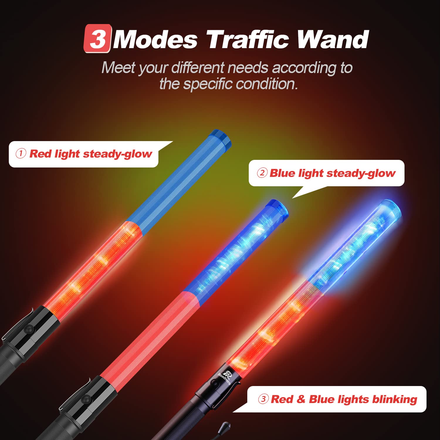 RoadHero 2 Pack 21 Inch Traffic Wands, Blue Led Traffic Control Baton, Night Safety Light Wand with 2 Flashing Modes, Air Marshaling Signal Wand with Side Clip for Parking Lot