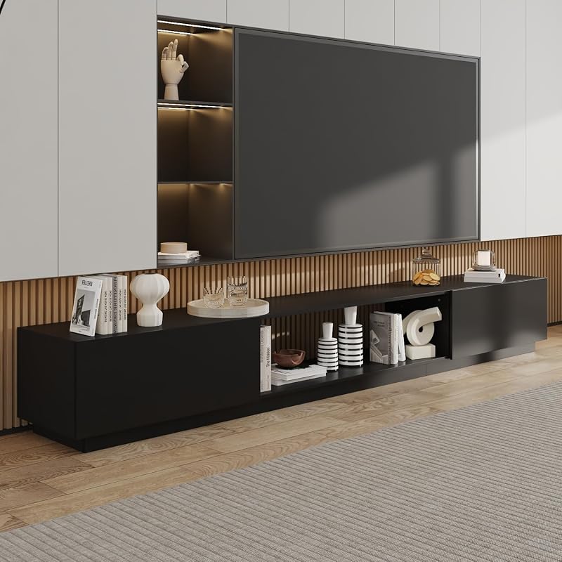 WOODTIME 109.4" W TV Stand for TVs up to 85 Inches, Extra Long Entertainment Center with 2 Large Drawers & Open Shelfs, Modern Wooden Media Console Cabinet for Living Room, Black