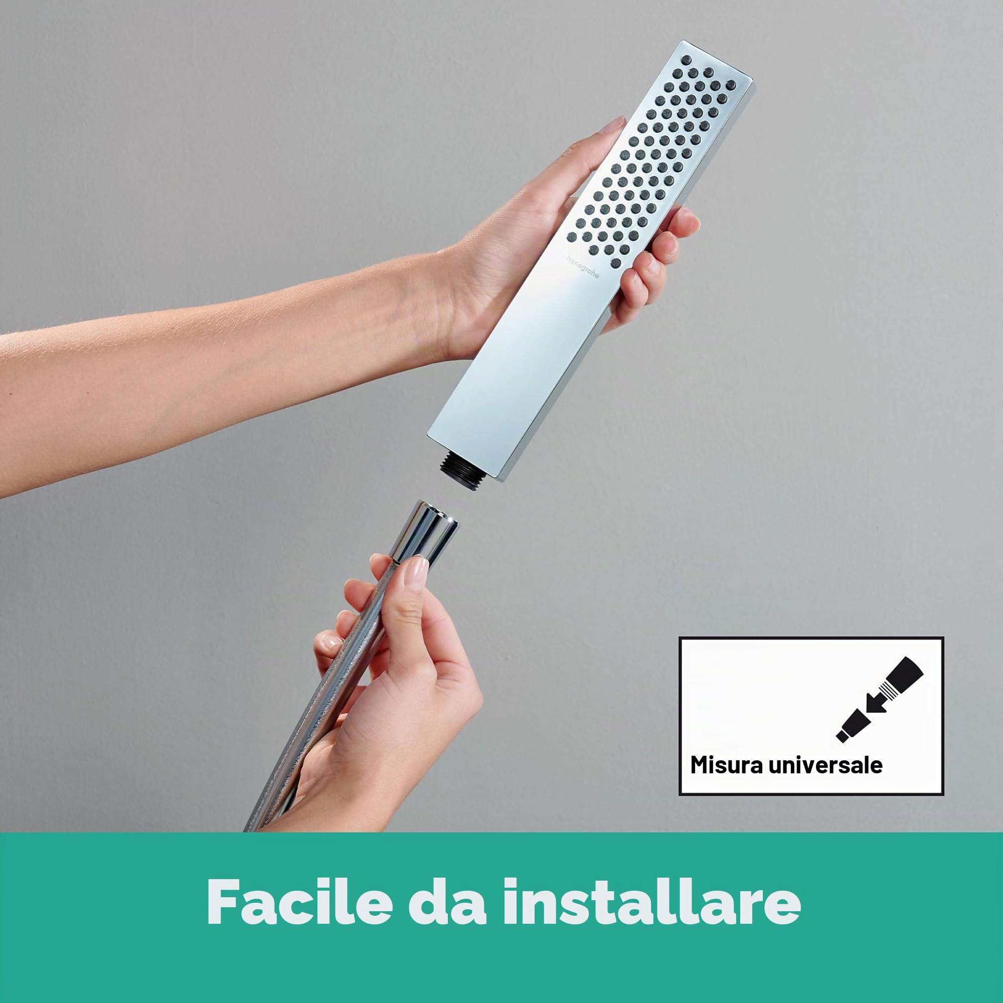 hansgrohe Pulsify E - Doccetta per doccia a risparmio idrico (EcoSmart), Doccino con 1 getto (PowderRain), Soffione doccia quadrato con funzione anticalcare, cromo, 24321000