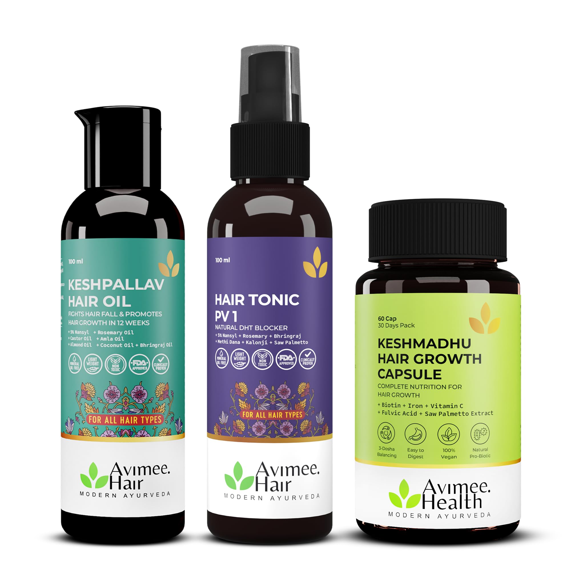Avimee Herbals Male Pattern Baldness Kit | Keshpallav Oil (100ml)+ Hairtonic PV 1 (100ml) + Keshmadhu 60 Capsules | Hair Serum for Hair fall Control | Nourishes the scalp & Strengthens hair roots-image-5