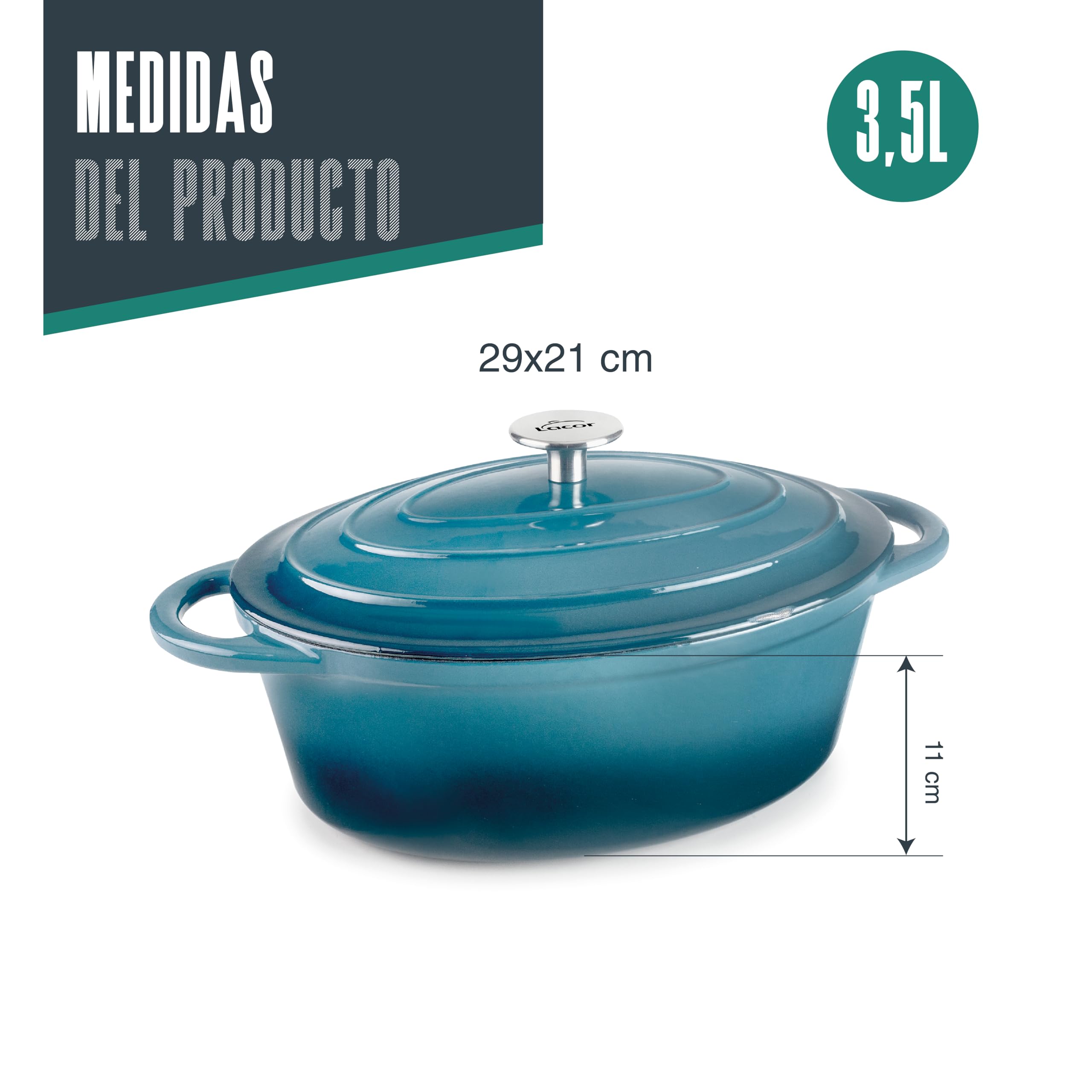 LACOR 71709 - Cacerola Hierro Fundido Esmaltado, 3, 5 Litros, 29 x 21 cm | En hierro robusto, para guisos y cocciones uniformes; apto para inducción y horno, apto para lavavajillas, cómodo y funcional