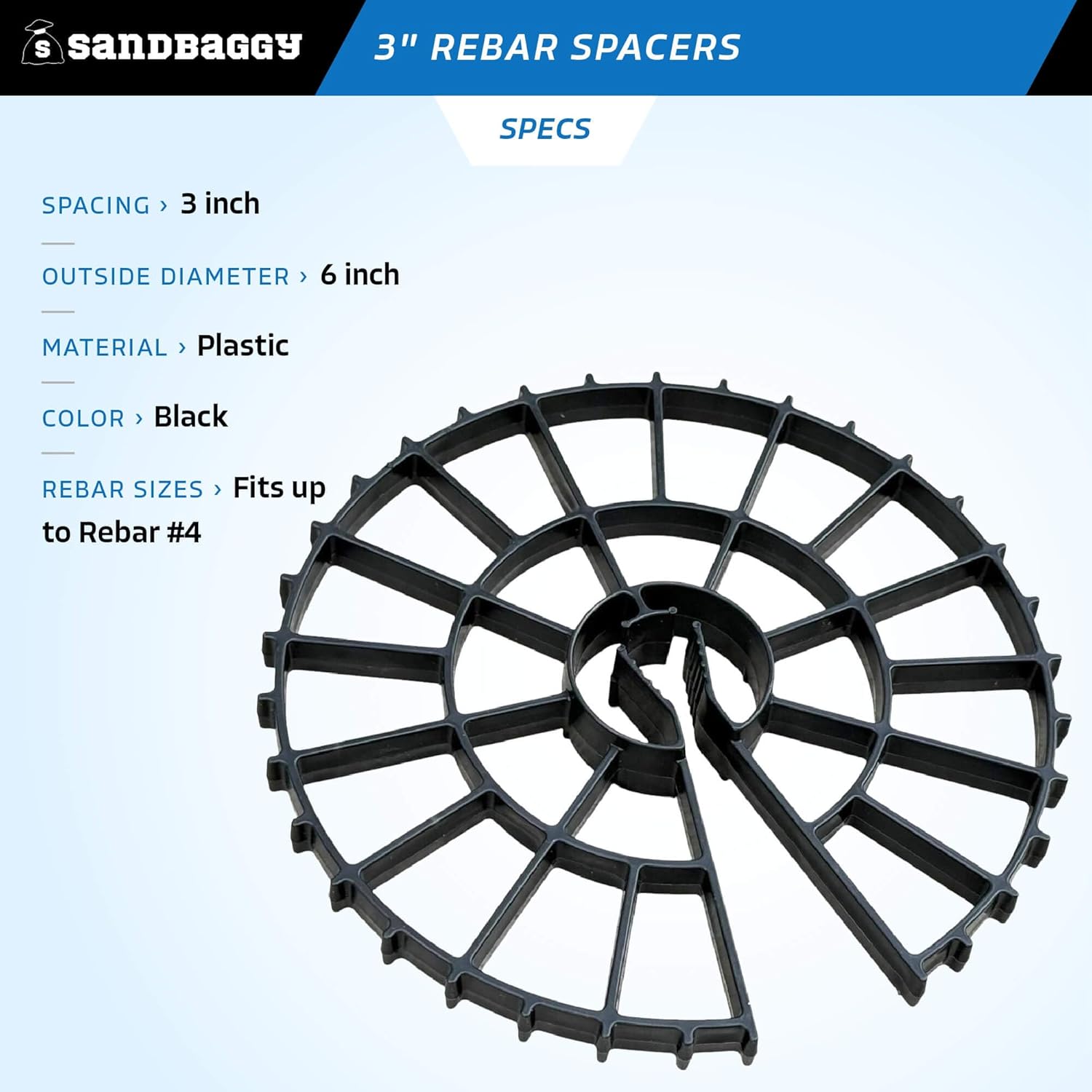 Sandbaggy 3" Rebar Spacer - Concrete Form Spacers - Heavy Duty Plastic - Fits Up to #4 Rebar (500, Black, 3-inch Spacer)