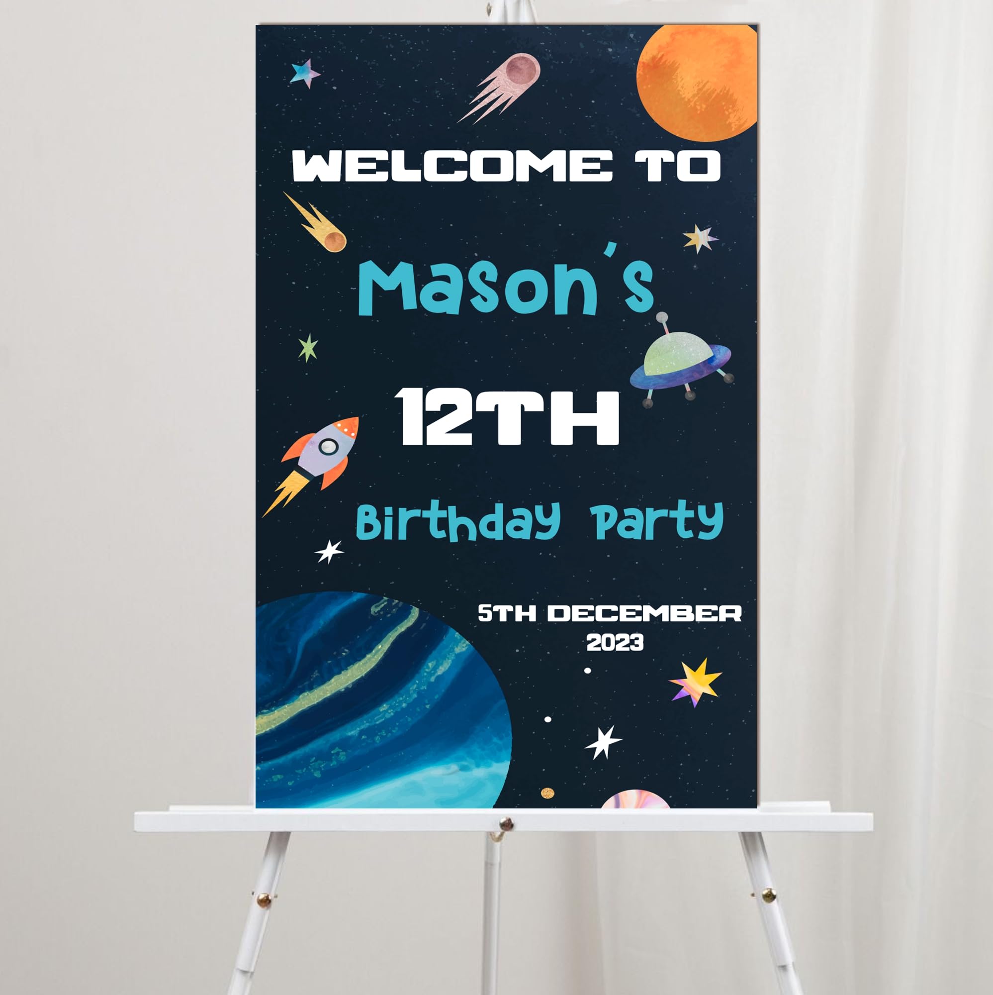Personalised Kids Wooden Birthday Party Welcome Board โ 14 Fun Designs 50cm x 30cm (Gaming, Dinosaur, Football, Rainbow, Unicorn, Space, Car, Tractor & More!) (Space)