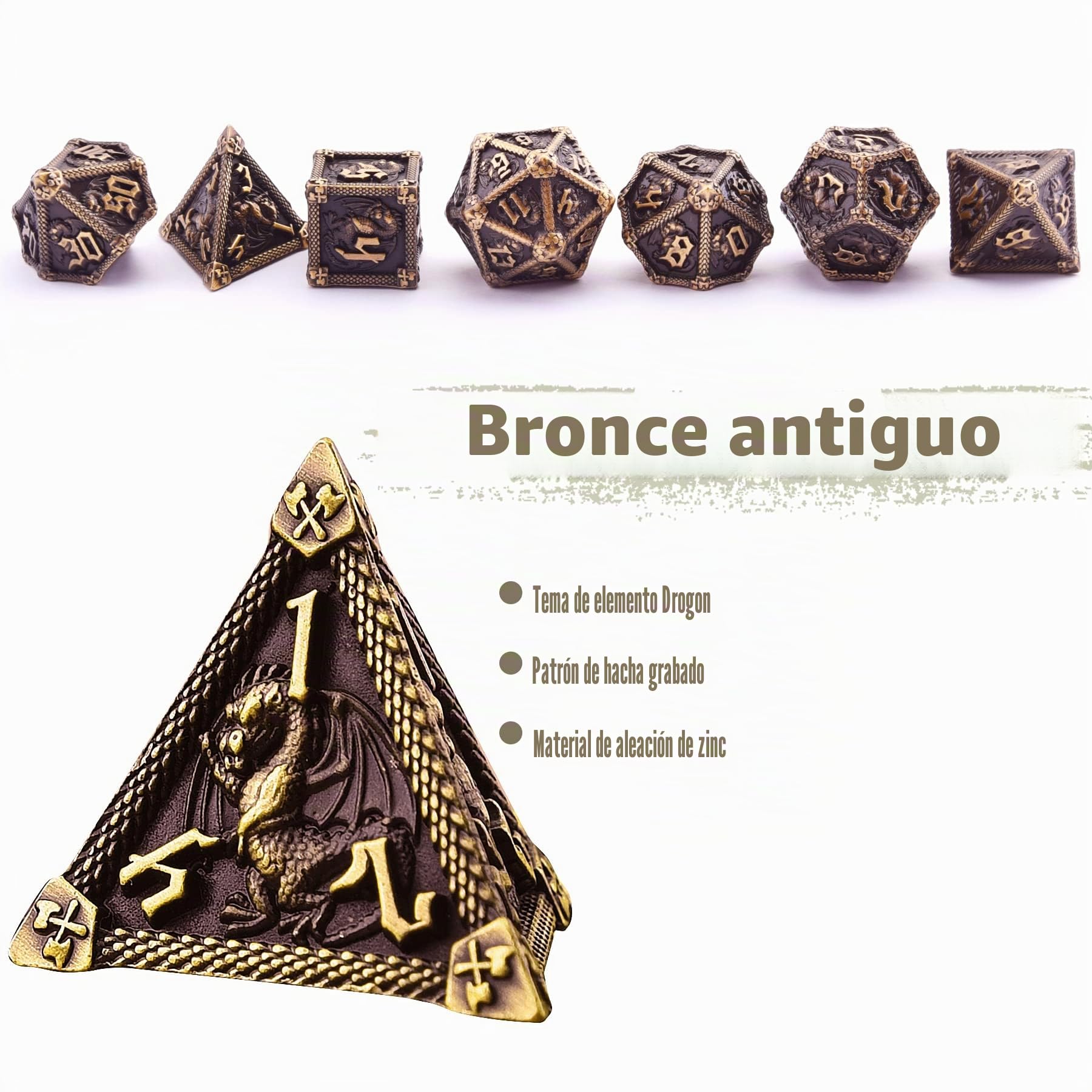SIQUK 7 Piezas Juego de Dados Metálicos Poliédricos D20 D12 D10 D% D8 D6 D4 para Dungeons and Dragons MTG RPG, Bronce