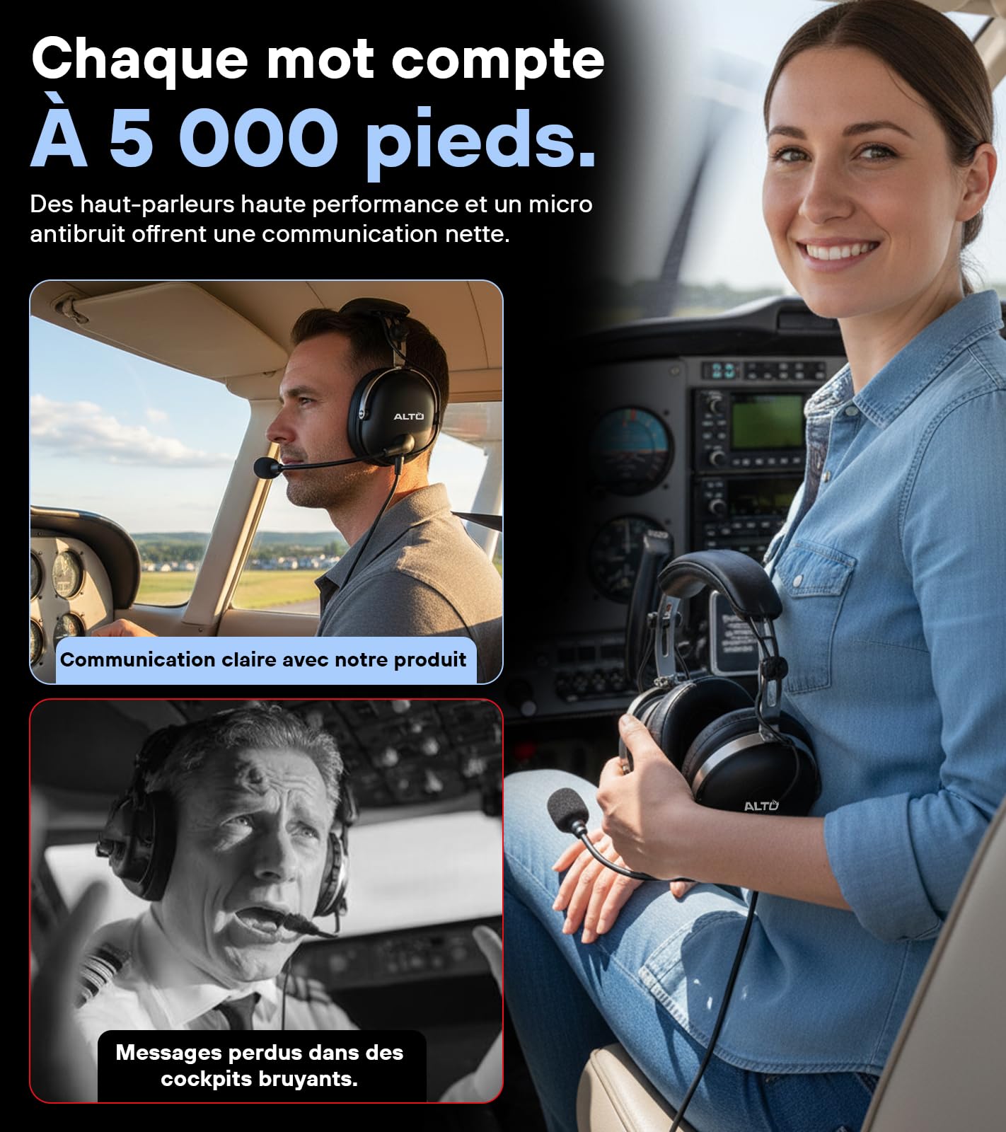 Alto - Casque de Pilote Aviation Générale – Micro Anti-Bruit, Léger, Résistant, avec Étui de Transport