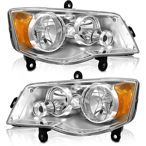AS Headlight Assembly Compatible with 2011-2020 Dodge Grand Caravan, 2008-2016 Chrysler Town & Country Chrome Housing Amber Reflector Driver and Passenger Side