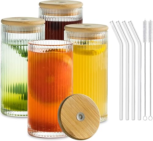 Cristalería acanalada, vasos de vidrio con tapas y pajitas, vasos vintage de 13 onzas, juego de 4 vasos de vidrio acanalado, juego de 4, tazas de
