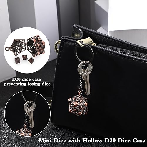 Miniatura 6 de Syhood Juego de dados pequeños, 7 piezas de dados pequeños de metal, collar hueco D20, estuche de dados, llavero, juegos de mesa para juegos de rol,