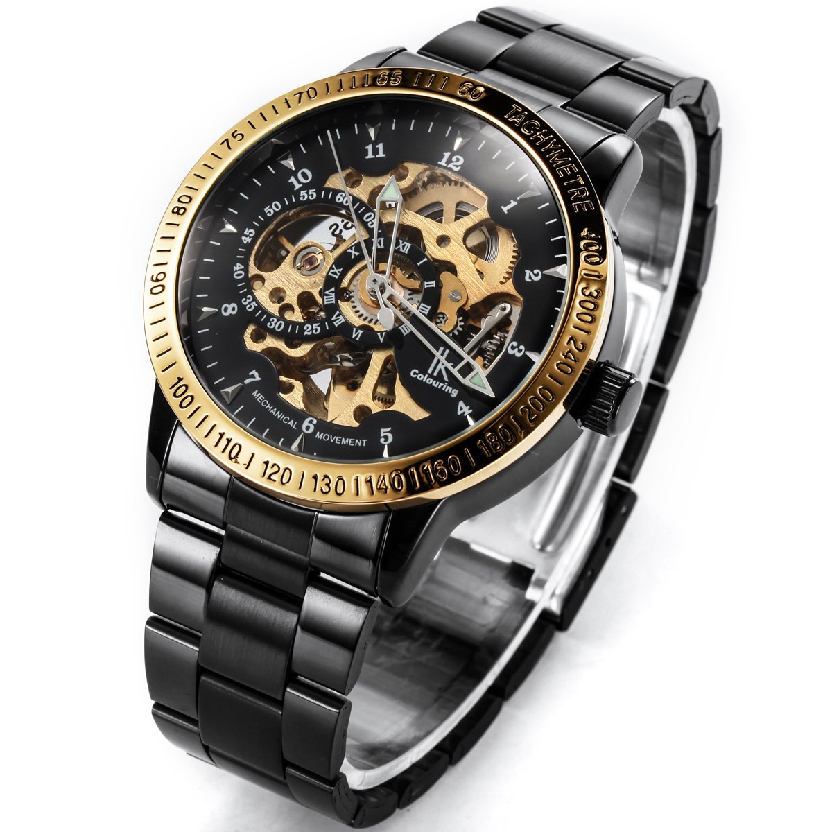 Alienwork IK Reloj Automático Hombre Mujer Negro Pulsera de Metal Acero Esqueleto Fondo de Vidrio