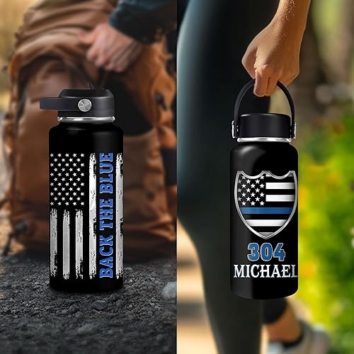 Vista 16 de Hyturtle Botella de agua personalizada de policía, botella de acero inoxidable aislada de 18 onzas, 32 onzas, bandera de línea azul fina, regalo