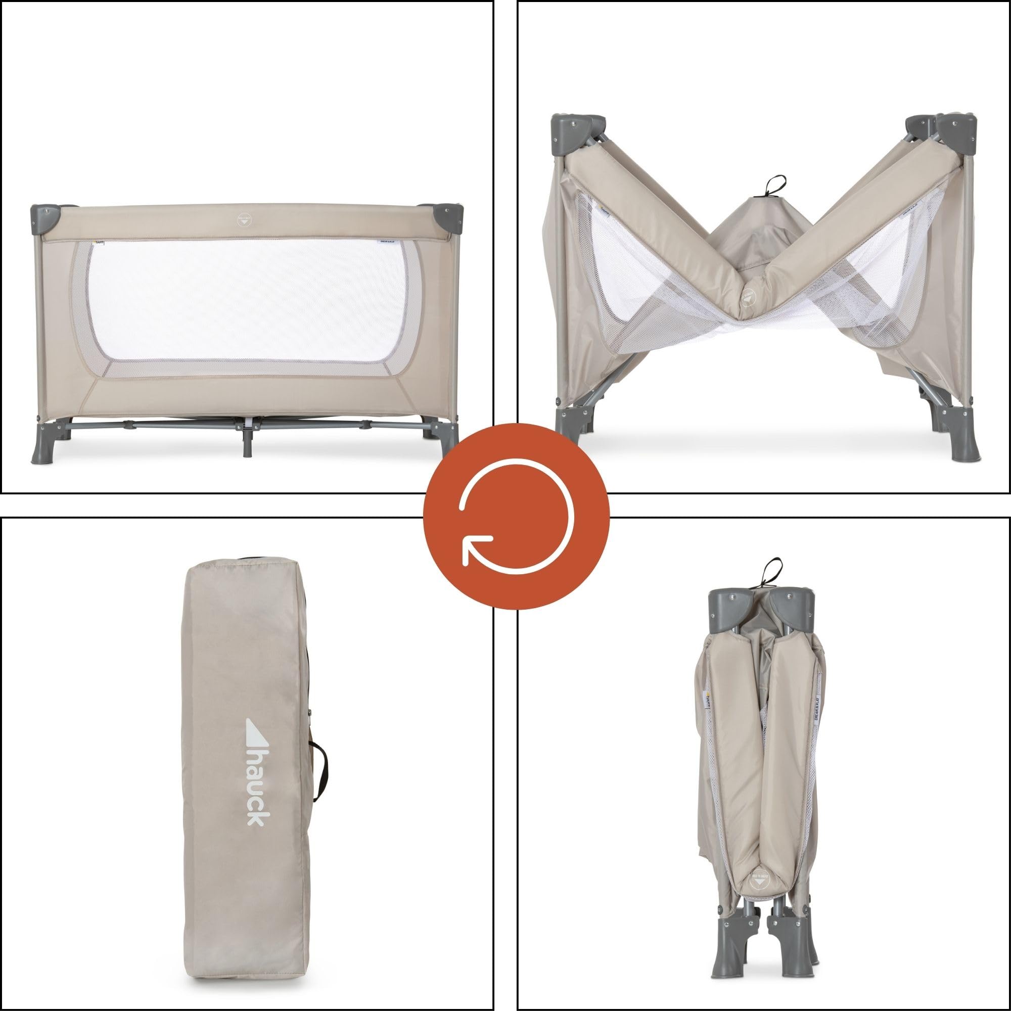 hauck Dream N Play Lit Parapluie – Lit Voyage Bebe et Enfant, Pliable, Compact, avec Sac de Transport, de la Naissance à 15 kg, Filets Respirants - Beige
