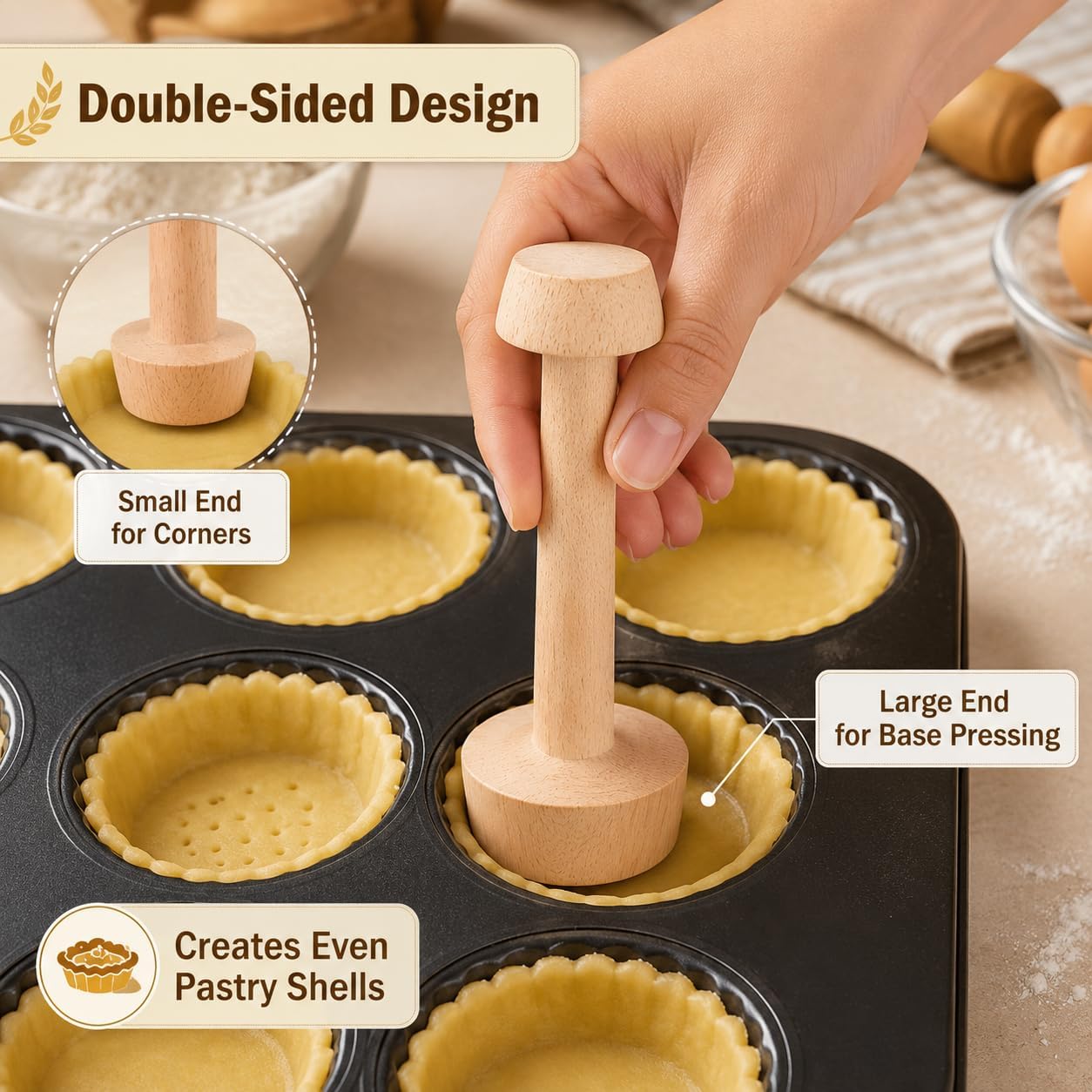 Wooden Tart Tamper, Double Sided Pastry Pusher for Egg Tart, Pie, Quiche, Kitchen Baking Tools