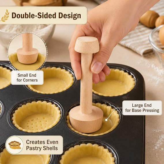 Baking Tools, Double-Sided Wooden Tart Tamper, 4.5cm Pastry Press Tool for Pies Tarts Quiche, Baking Mold with Handle