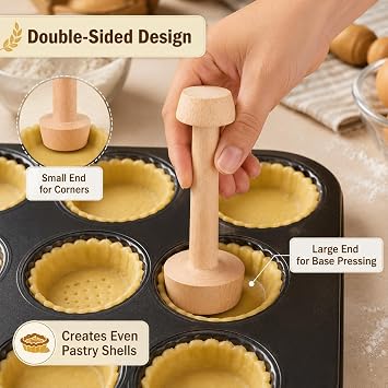 Baking Tools, Double-Sided Wooden Tart Tamper, 4.5cm Pastry Press Tool for Pies Tarts Quiche, Baking Mold with Handle