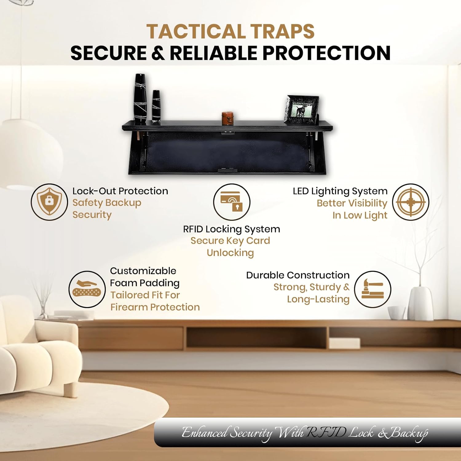 Tactical Traps - Freedom 52R Concealment Shelf with Trap Door and RFID Lock - Secure & Safe Hidden Concealment Compartment - 46" X 13.5" X 5" - Ebony