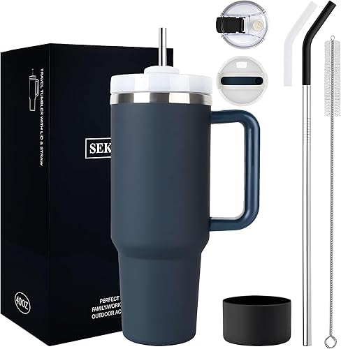 Vaso de 40 onzas con asa y tapa con pajilla, botella de agua metálica de acero inoxidable Quencher grande con aislamiento térmico, con tapa a prueba